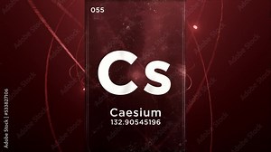 Caesium (Cs) symbol chemical element of the periodic table, 3D animation on atom design background