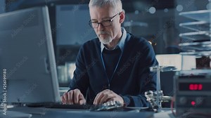 Middle Aged Electronics Repair Engineer Working on Personal Computer in His Workshop, Checks Motherboard. In the Background Various Circuit Boards, High Tech Devices, Gadgets and Components
