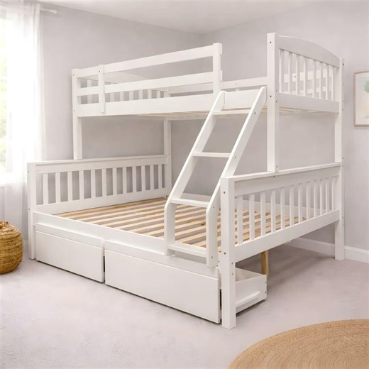 Miki Solid Hardwood King Single Over Queen Bunk Bed White #BunkBed #WhiteBunkBed #QueenBunkBed