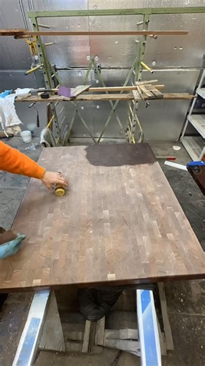 Unique, is what we do! 440 pieces make up this 4 inch thick black walnut end grain butcher block. This piece is both the beauty and the beast. First round of @howard_products on this fine #finishingroomfriday | Real Antique Wood
