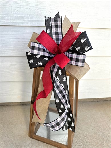 Buffalo Plaid Christmas Lantern Bow, Wreath Embellishment, Rustic Winter Door Hanger Bow, Red Black Christmas Bow, Farmhouse Tree Topper Bow - Etsy