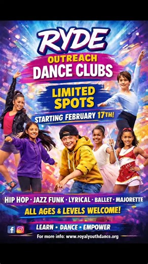✨ RYDE Outreach Dance Clubs Are Back! ✨ We’re excited to welcome school-age dancers to our RYDE Outreach Dance Clubs starting February 17th! 🩰 Styles Offered: Hip Hop • Jazz Funk • Lyrical • Ballet • Majorette 🌟 Designed for school-age dancers 🌟 All levels welcome 🌟 Positive, confidence-building environment 🌟 Limited spots available 📅 Clubs begin February 17th 🔗 Register today: www.royalyouthdance.org Let your dancer move with purpose, grow with confidence, and shine with RYDE 💜💛🖤 #RYD