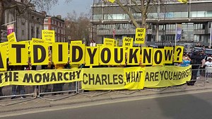 Anti-monarchy group Republic hold signs spelling out ‘What did you know?’ ahead of King Charles’ arrival for Commonwealth Day celebrations in London