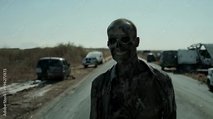A gaunt, skeletal zombie walks down a deserted highway filled with abandoned vehicles, its tattered clothes fluttering in the wind under the harsh sunlight