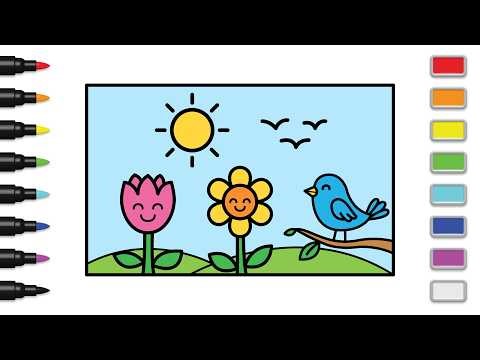 How to Draw a Happy Spring Garden Bird, Sun, and Flowers | Easy Step by Step Drawing and Coloring
