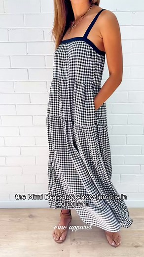 65K views · 88 reactions | Obsessed with the Mimi Dress, utterly obsessed. The gingham is perfection, the strap and top of it are black which is the perfect contrast, and it has pockets. It falls perfectly and it really is just so, so nice x Shop HERE: vineapparel.com/products/mimi-dress-black-gingham Kym wears an 8 and is 175cm x | Vine Apparel | Facebook