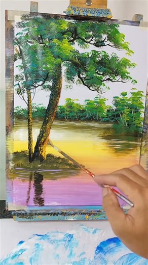 Spring Tree, Boat & Sunset Reflection 🌸🌅 | Acrylic Painting Short | Nature Tree Art