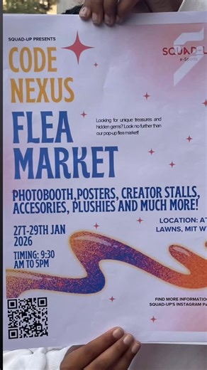 MIT-WPU SQUAD UP on Instagram: "Leveling up your campus life! 🚀 The Code Nexus Flea Market is officially landing at STALLS MIT WU. From exclusive creator stalls to MO the plushies you didn’t know you needed, we’ve got it all. 📍Where: ATRI Lawns, MIT WPU LAWNS 🗓️When: 27th - 29th Jan ⏰Time: 9:30 AM to 5:00 PM Don’t just hear about it—be there. See you at the lawns! #mitwpu #fleamarket #esports #start #explore"
