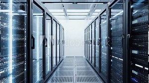 Data center servers hum with activity, a modern network hub for digital infrastructure solutions