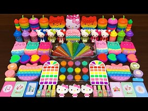 RAINBOW HELLO KITTY !!! Mixing Random into GLOSSY Slime!! Satisfying Slime Video #124