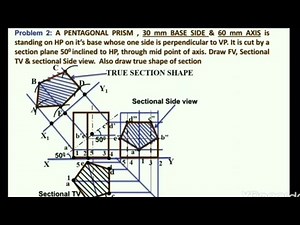 A pentagonal prism 30 mm base side and 60 mm axis is standing on HP. Draw F.V., Sectional Top View