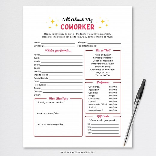 Coworker Questions, Employee Favorites List, Coworker Favorite Things List, Employee Questionnaire, Get to Know You, Staff Survey, About Me - Etsy