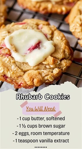 🍪 Rhubarb Cookies (Quick Recipe) Ingredients Cookies 1 cup butter, softened 1½ cups brown sugar 2 eggs, room temperature 1 tsp vanilla extract 2 cups all-purpose flour 1 tsp baking soda ½ tsp salt 1½ cups chopped rhubarb 1½ cups rolled oats (optional but recommended) Cream Cheese Topping (optional) 4 oz cream cheese, softened 2 tbsp powdered sugar ½ tsp vanilla Instructions Cream butter and brown sugar. Beat in eggs and vanilla. Mix flour, baking soda, and salt; add to dough. Fold in rhubarb an