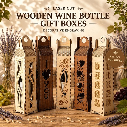 Laser Cut Wine Bottle Gift Box SVG | Wooden Engraved Box Files Bundle - Etsy
