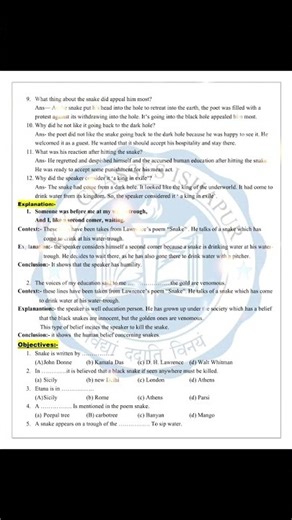 Class 12 English (Flamingo) Poem 9 – Snake Full Notes | Summary | #shorts