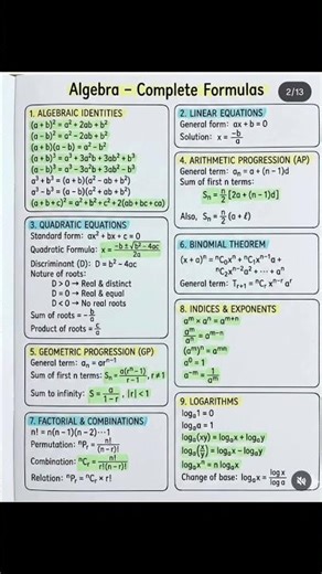Algebra Complete Formulas📚 #education #learning