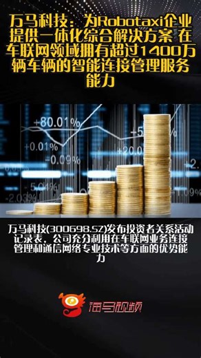 万马科技：为Robotaxi企业提供一体化综合解决方案 在车联网领域拥有超过1400万辆车辆的智能连接管理服务能力