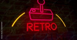 Gaming retro club neon animation. 3D flight over electric symbol and lettering on wall background. Vintage game with joystick symbol concept.