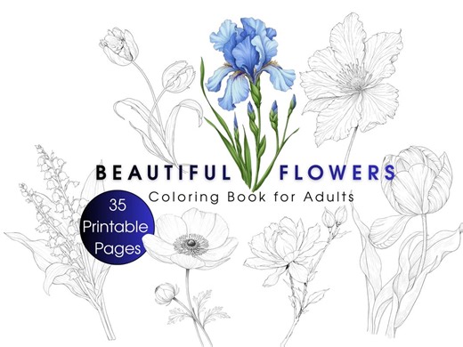 Beautiful Flower Coloring Book for Adults • 35 Printable Elegant Floral Pages • Botanical Printable Coloring Book • PDF Instant Download