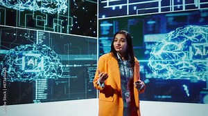 Speaker talking with audience on stage at AI conference bringing together leading experts and researchers to explore latest developments in artificial intelligence and machine learning, camera B Stock Video