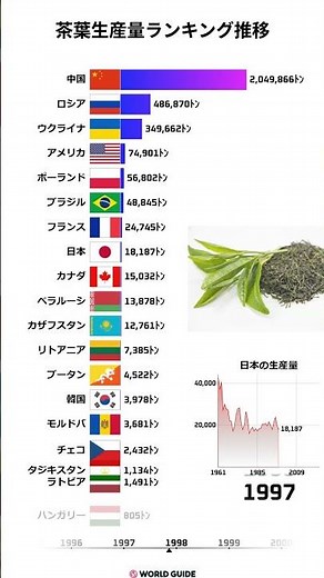 【1961-2023】世界の茶葉生産量ランキング推移｜バーチャートレースで見る“ティーワールド”の変遷！ #茶葉生産量 #バーチャートレース #世界ランキング #農作物統計 #データ可視化