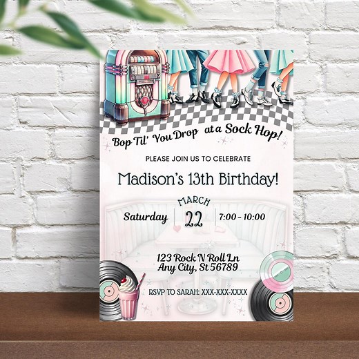 Sock Hop Party Invitation Editable, 1950s Party Invite, Retro Diner, Instant Digital Download, Rock and Roll Theme, Shake Rattle and Roll - Etsy