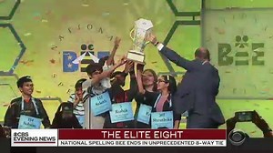 A hive of young super-spellers dominated the Scripps National Spelling Bee into the wee hours of Friday morning, leading to an unprecedented result: eight champions. S-P-E-C-T-A-C-U-L-A-R, no? https://cbsn.ws/2wxc8zg | CBS Evening News