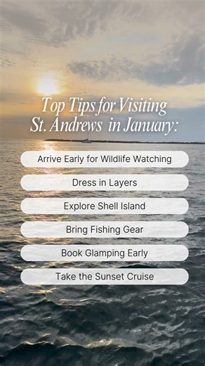 January at St. Andrews hits different. ❄️🌅 Cooler temps, wide-open trails, and dolphin sightings? Yes, please. This is the season locals love most. Here’s how to make the most of it: 🦩 Go early for birdwatching golden light 🐚 Shell Island = your personal treasure hunt 🎣 Cast a line for redfish sheepshead 🔥 Cozy up at a glampsite 🌊 Sunset on the water is non-negotiable Tag your winter adventure buddy👇 | St. Andrews & Shell Island Adventures Florida