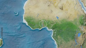 Togo area presented against the global satellite map in the Kavrayskiy VII projection with animated oblique transformation