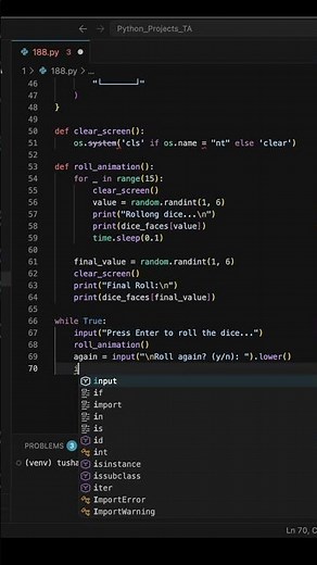 Play a Dice Roll 🎲 #coding #python #dice #terminal #ytshorts