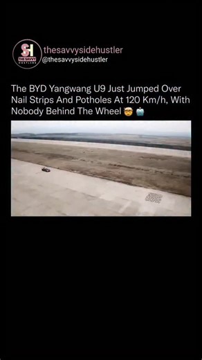 Business | Motivation | Quote on Instagram: "This car detected danger and jumped over it at highway speed, with no one behind the wheel. The BYD Yangwang U9 just demonstrated something that feels closer to aerospace engineering than automotive design. At 120 km/h, the vehicle autonomously identified nail strips and potholes, adjusted suspension forces in real time, and executed controlled jumps, all without a driver inside. The U9 uses BYD's DiSus-X intelligent body control system, combining rea