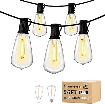 56Ft Outdoor String Light: ST38 Waterproof Patio Lights with 25+2 Shatterproof Bulbs-Connectable Hanging Christmas Lights for Backyard, Porch, Deck, Balcony, Garden, Home Decor