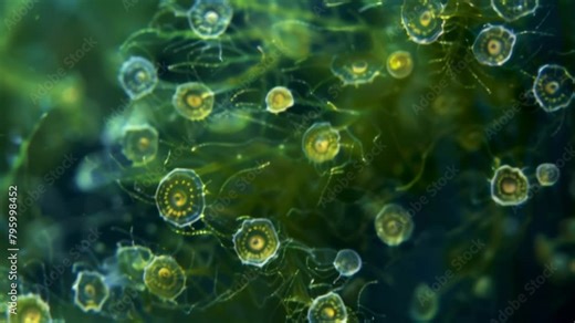 An upclose image of a large colony of colonial plankton resembling a chorus of voices singing in unison. . AI generation.