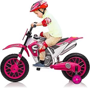 Toddler Motorcycle Kids Dirt Bike TOBBI 12 Volt Battery Powered Ride On Toys Electric Motorbike w/Training Wheels Gift for Boys Girls Aged 3+, Rose Pink
