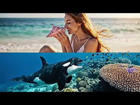 A Beautiful Woman Holds a 🐚 Seashell to Her Ear and Hears an Orca Singing. An Orca Swims By a 🪸 Cora