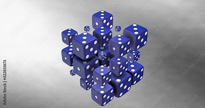 Dice of different sizes show all faces. Abstract simulation. 3d render