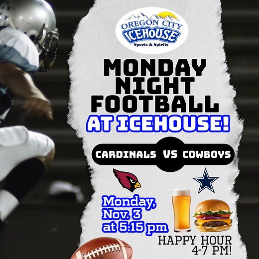 It’s Monday Night Football at Icehouse!  Cardinals vs. Cowboys at 5:15 pm and our $8 game-day deal — a hot dog, chips and Icehouse Pilsner!  #Icehouse #IcehouseOC #OregonCityIcehouse #OCIcehouse #OregonCity #MondayNightFootball #Cardinals #Cowboys #NFL #GameDayDeal #GameDayEats | IceHouse Oregon City (Official Site) | Facebook