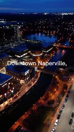 Aerial Evening Views of Downtown Naperville, IL