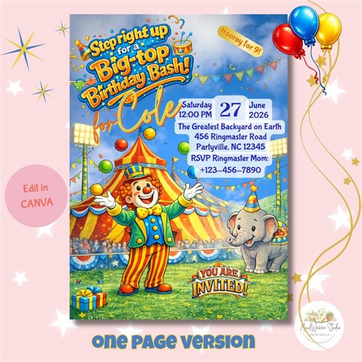 Circus Birthday Template | Editable Canva Clown Party Card | Kids Cartoon Theme | Printable Shareable Birthday Design - Etsy