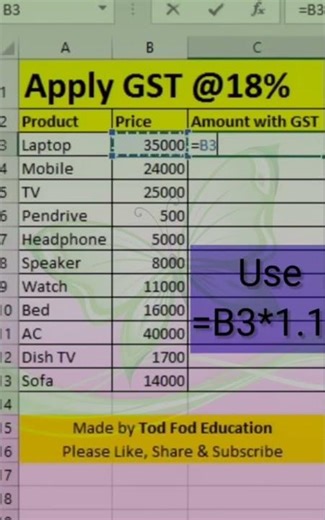 Apply GST 18% in Excel | Easy Formula Trick #excel #vlookup #exceltips #dataanlysis #education