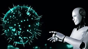 clip-1099526077-ai-hominoid-robot-touching-virtual-hologram-screen