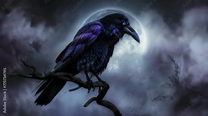 Under an eerie night sky veiled in mist, a raven perches on a branch, cawing. The raven's black feathers reflect the pale light of the full moon behind it, emanating a mystical sheen.