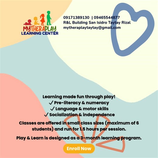 11 reactions |  Play & Learn Program (Ages 2–4)  Learning is more fun when it’s done through play! Our Play & Learn Program helps toddlers build strong foundations in: ✔️ Pre-literacy & numeracy ✔️ Language & motor skills ✔️ Socialization & independence  Small class size (maximum of 6 students only) ⏰ 1.5 hours per session  3-month learning program  Message us to know more about rates, schedules, and available slots. | Mytheraplay Learning Center | Facebook