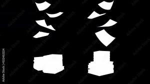 The paper falling onto the stack of books. Concept art. color theme. Alpha channel included in the end of the clip.