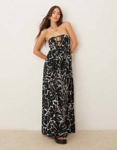 ASOS DESIGN linen blend strapless lace up maxi beach sundress in black and white floral | ASOS