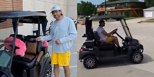 Aaron Rodgers Casually Drove His Customized Golf Cart Around Green Bay & To Training Camp (VIDEO)