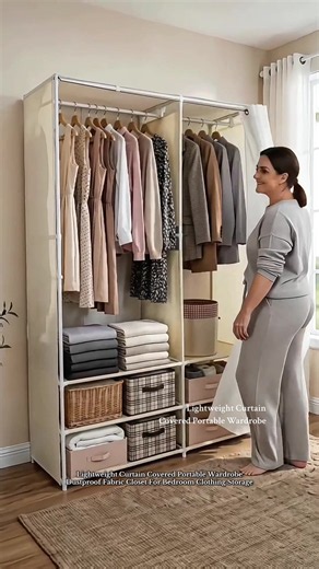Lightweight Portable Closet | Curtain Covered Portable Wardrobe | Dustproof Fabric Closet For Bedroom Clothing Storage #Wardrobe #Closet #HomeStorage #HomeOrganizer #Furniture