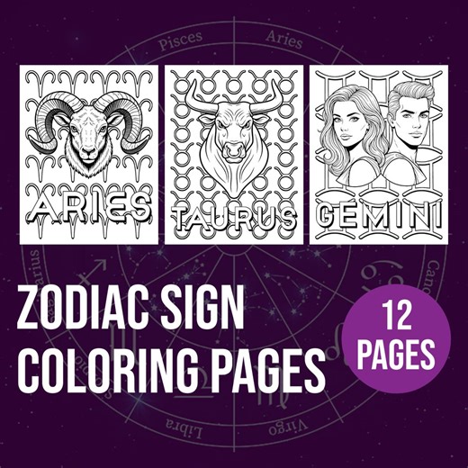 Zodiac Sign Coloring Pages, 12 Astrology Coloring Sheets, PDF & Pngs - Etsy