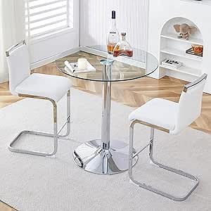 Bar Table and Chairs Set of 2,Round Counter Height Dining Table Set,35” Glass Round Bar Table Set with White Bar Stools,Sturdy Silver Chrome Base,Small Pub Table Set for Apartment,Kitchen(36"H