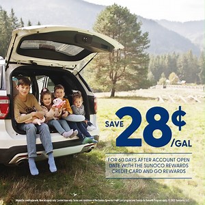 Stack up the savings and the fun on your next family road trip with the Sunoco Rewards Credit Card and Go Rewards! Save 28¢/gal for 60 days after account open date. Apply now at SunocoStackedRewards.com. | GoSunoco